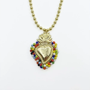 Handmade beaded Sacred Heart necklace with colorful beads and golden flame pendant