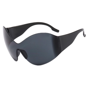 Futuristic black rimless wrap-around sunglasses with Y2K tech aesthetic in a 45-degree view