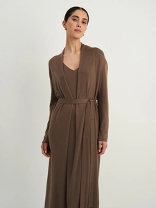 Detail of soft brown knitted long sleeve cardigan and matching midi dress set with waist belt