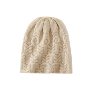 Warm oatmeal cable knit cashmere beanie hat for men and women in soft winter style