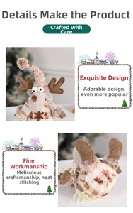 Close-up of Christmas plush reindeer doll with knitted fabric and striped hat detail