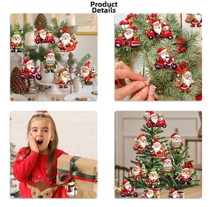 Detailed Christmas tree ornaments featuring Santa on motorcycles and sleds in festive colors