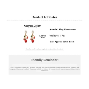 Detail specifications of strawberry drop earrings with silver pins and red crystals
