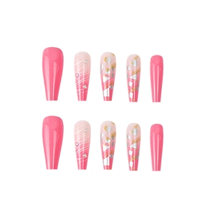 Long ballerina press-on nails set with glitter, shell powder, and pink diamond accents