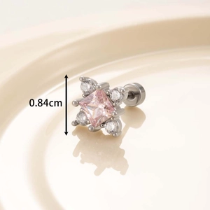 Surgical steel stud earring with pink rhombus zircon and floral micro-pave crystals