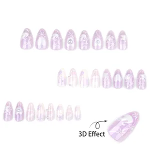 Luxury 3D swan nail press-ons in lavender with bows, hearts, pearls and almond shape