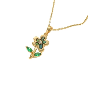 Exquisite gold flower necklace with green enamel petals and abalone shell zircon accents