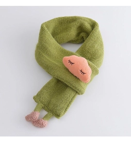 Detail of green knitted baby scarf with cute pink cloud embroidery and feet accents
