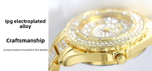 Macro detail of luxury gold IPG plated alloy watch featuring full rhinestone bezel and band