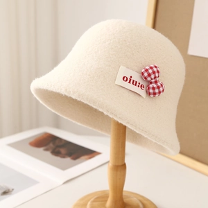 Women's Cute Japanese Faux Lamb Wool Bucket Hat Warm Autumn Winter Soft Bow Bear Dog Fisherman Plush Retro Cloche Hat