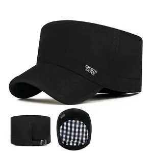 Cotton Cadet Cap Military Hat Adjustable Flat Top Sun Protection Outdoor Casual Vintage Plaid Lining For Men Women