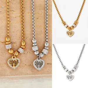 Tree Of Life Heart Pendant Necklace Stainless Steel With Rhinestones Hollow Design Box Chain Vintage Style For Women