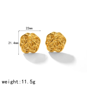 Macro detail of gold-plated woven texture stud earrings with size and weight metrics