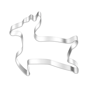 Detail of reindeer shaped stainless steel cookie cutter showing thickness and metal edge