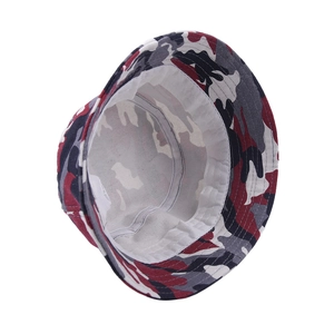 Red and grey camouflage bucket hat for kids with a flat top and durable canvas fabric