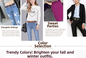 Versatile slim PU leather belts for women styled with jeans, skirts, and blazers