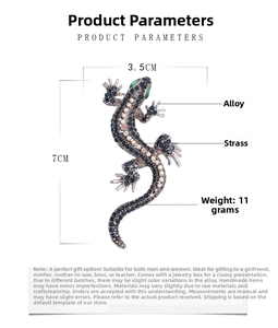 Detailed view of crystal lizard brooch with dimensions 7cm x 3.5cm and alloy rhinestones