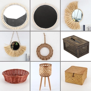 Detail view of woven rattan storage baskets and home decor items in a grid layout
