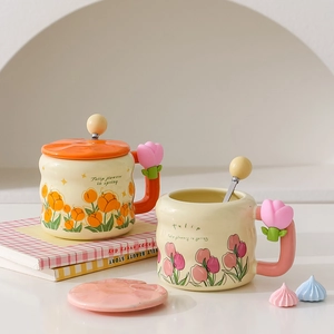 Ceramic tulip mugs with lids and spoons, minimalist aesthetic for home and office use