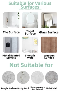Guide showing suitable surfaces like tile, glass, and wood for 3D Christmas wall stickers