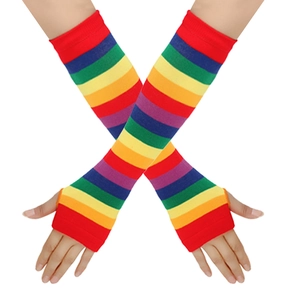 Close-up of rainbow striped fingerless knit sleeves with thumb hole on white background