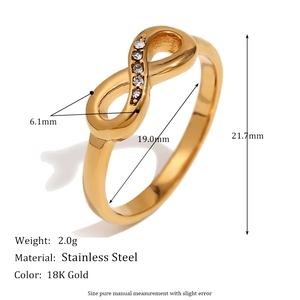 Infinity design 18K gold plated stainless steel ring with measurement dimensions