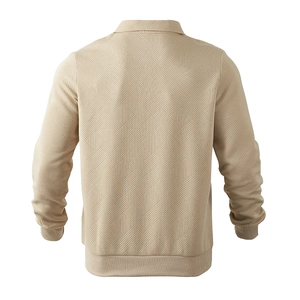 Detailed back view of men's polo sweatshirt featuring heavy 3D geometric knit texture