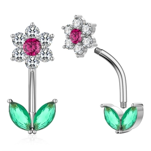 Detailed view of silver flower navel ring featuring pink and green zircon stones