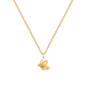 Elegant gold butterfly necklace with opal stone and diamond accents on white background