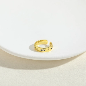 Minimalist 14K gold plated adjustable open ring with blue evil eye zircon charms