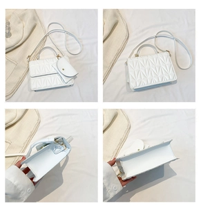Quilted white handbag detail showing 4-view angles, textures, and hanging coin purse