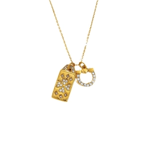 18K gold plated necklace with horseshoe pendant and clover square charm with rhinestones