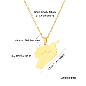 Detail view of gold Syria map pendant necklace with dimensions and material specifications