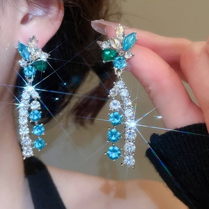 Detailed view of silver flower tassel earrings with blue and white crystals on a model