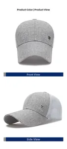 Detail view of grey linen baseball cap with metal logo and white breathable mesh back