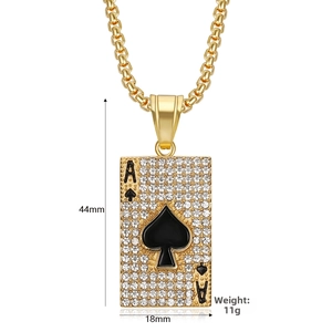 Macro detail of gold-plated Ace of Spades pendant with dimensions 44mm x 18mm