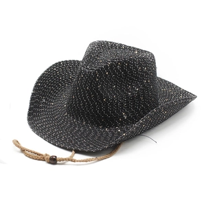 Western black straw cowboy hat with gold sequins and adjustable chin strap for sun protection