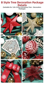 Detail of Christmas tree DIY ornaments with glitter stars, wooden deer, and red silk bow
