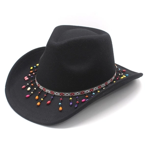 Black wool western cowboy hat with ethnic patterned band and colorful bead tassels