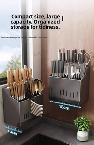 Detail of dark grey stainless steel kitchen knife holder with 18cm width and dual storage