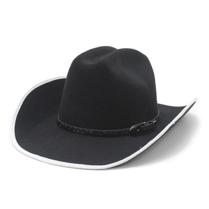 Classic black Western cowboy hat with white edge trim and decorative buckle leather band
