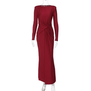 Detail of round neck and waist twist knot on slim fit long-sleeved burgundy dress
