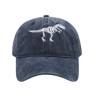 Vintage washed navy baseball cap with white dinosaur skeleton embroidery for outdoors