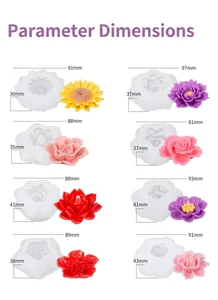 Guía de tallas con dimensiones de 8 tipos de moldes de silicona de flores 3D para velas