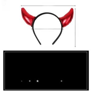 Detailed view of red devil horns headband with measurements for Halloween costume