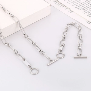 Titanium steel square link chain necklace and bracelet set with OT toggle clasp