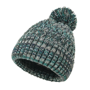 Winter chunky knit beanie with pompom in colorful mixed yarn and thick cable texture