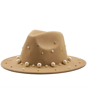 Elegant khaki wool fedora hat with white pearl and metal rivet decorations for women