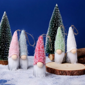 Set of 5 colorful Christmas gnome plush ornaments with knit hats and hanging loops