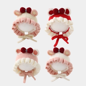 Cute Baby Girl Winter Warm Plush Knitted Earflap Hat With Bowknot Animal Ears Ruffle Beanie For Infant Toddler